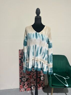 new directions Cream and Teal Tie-Dye Long Sleeve Waffle Top